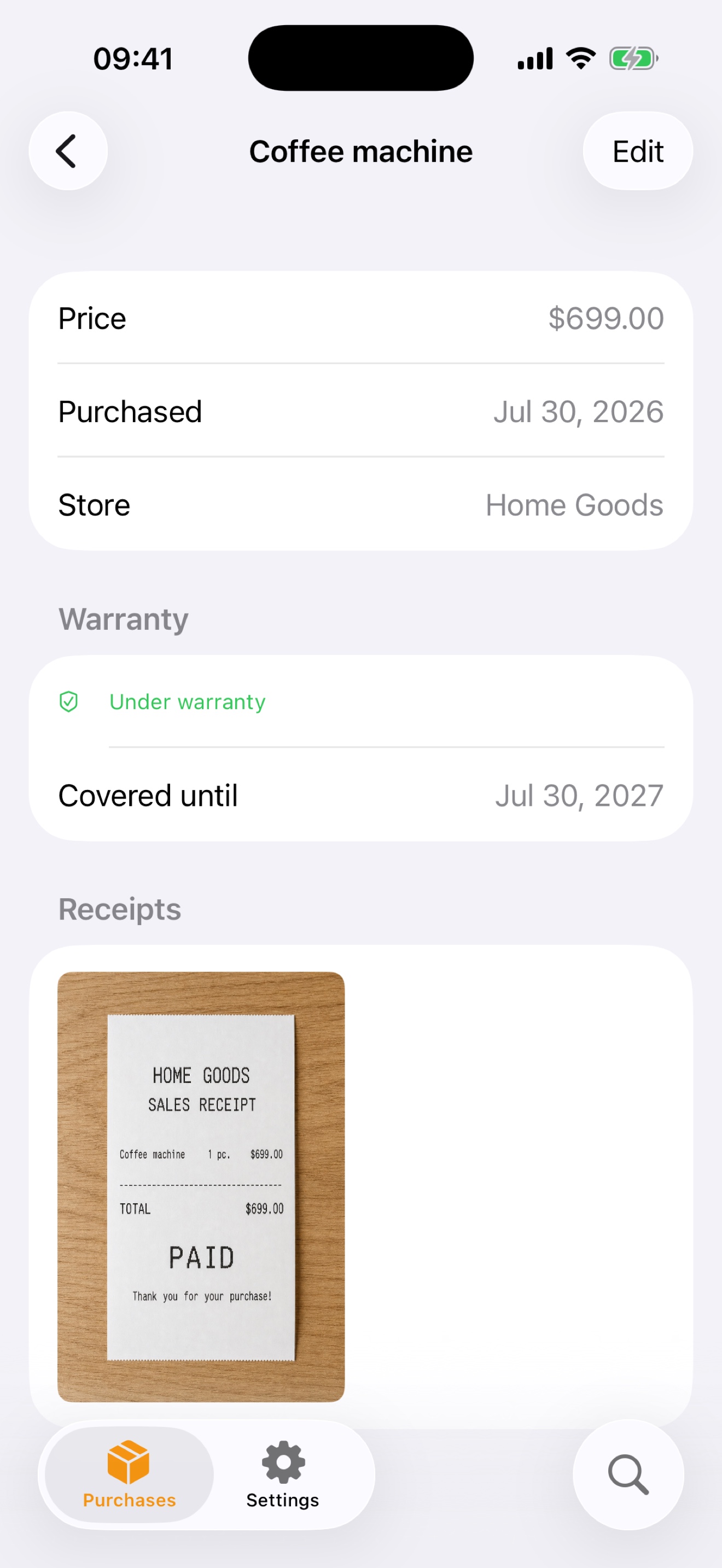 Receiptry screen showing a purchase, warranty, and saved receipt